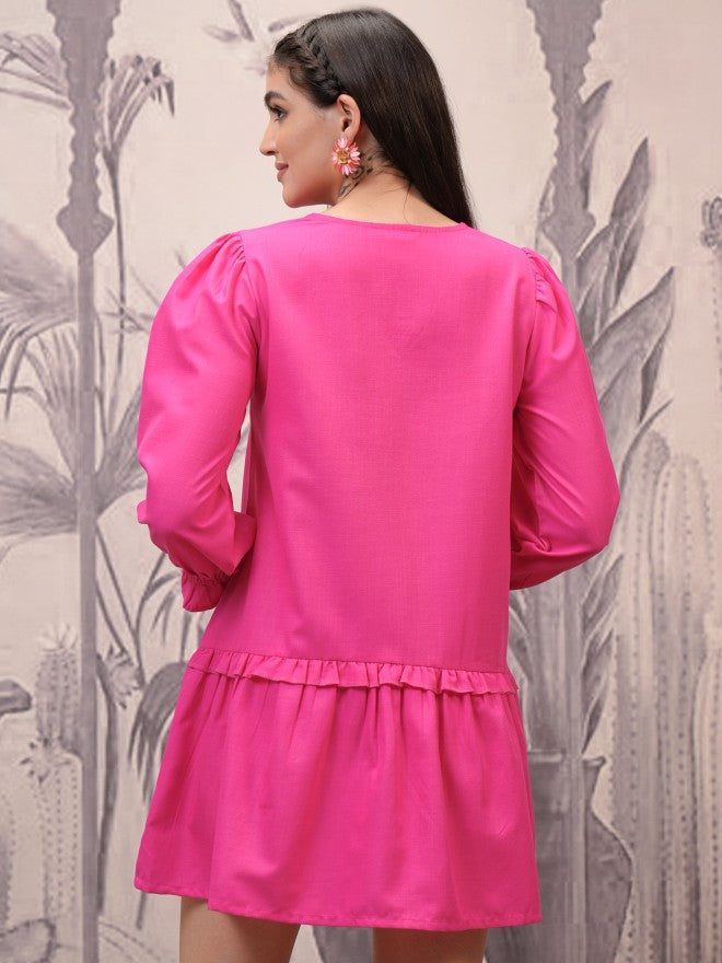 Vishudh Women Magenta Embroidered Fit And Flare Dress - Magenta - Image 3