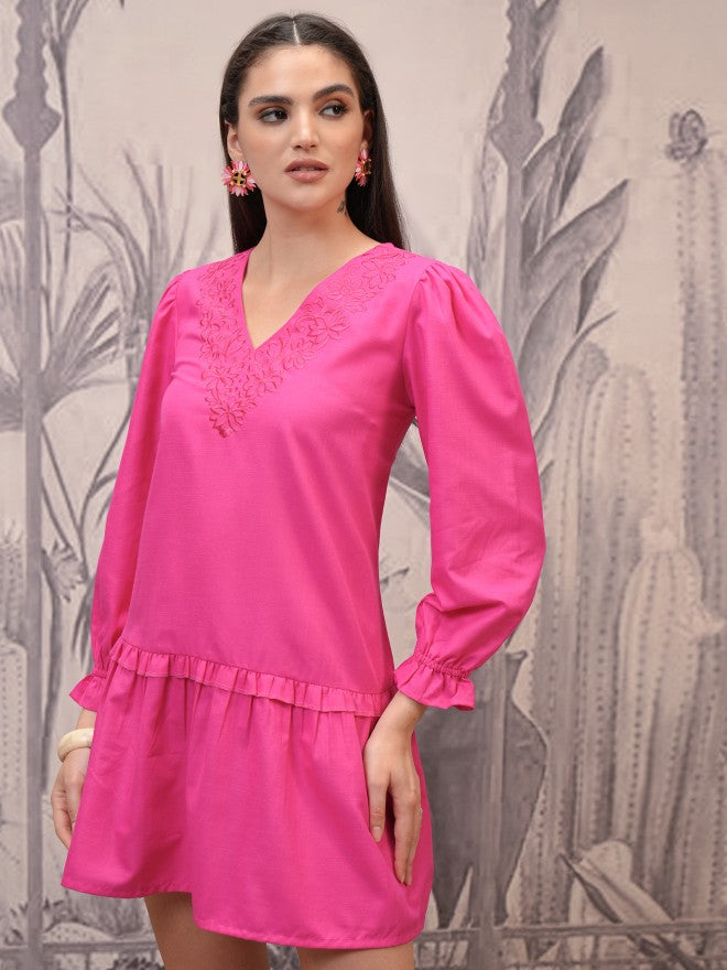 Vishudh Women Magenta Embroidered Fit And Flare Dress - Magenta - Image 4
