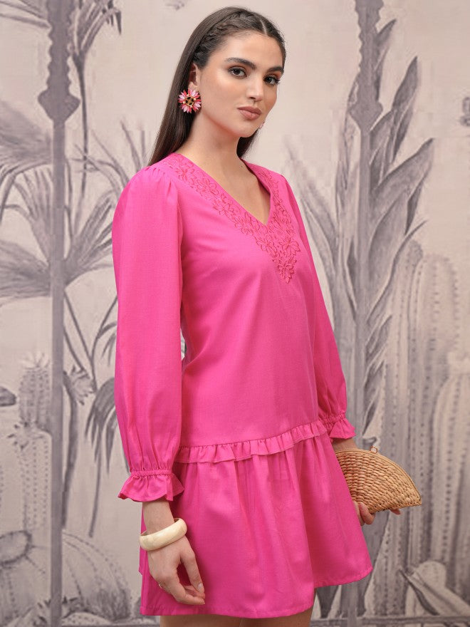 Vishudh Women Magenta Embroidered Fit And Flare Dress - Magenta - Image 6