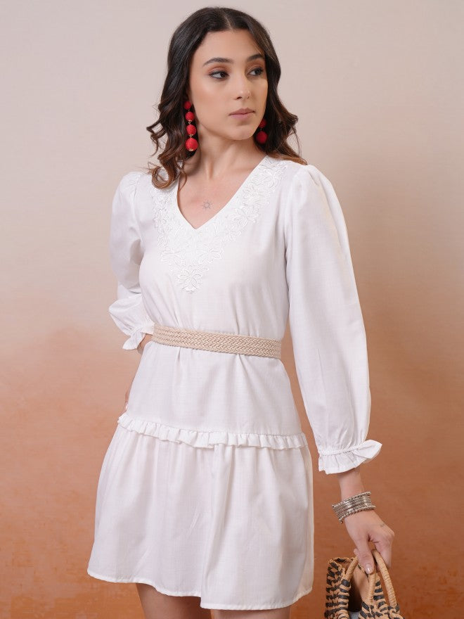 Vishudh Women White Embroidered Fit and Flare Dress - White - Image 1