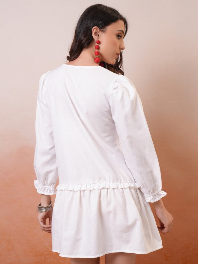 Vishudh Women White Embroidered Fit and Flare Dress - White - Image 3