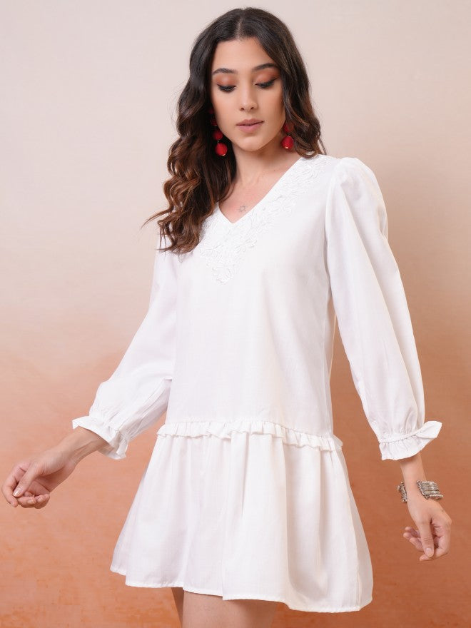 Vishudh Women White Embroidered Fit and Flare Dress - White - Image 4
