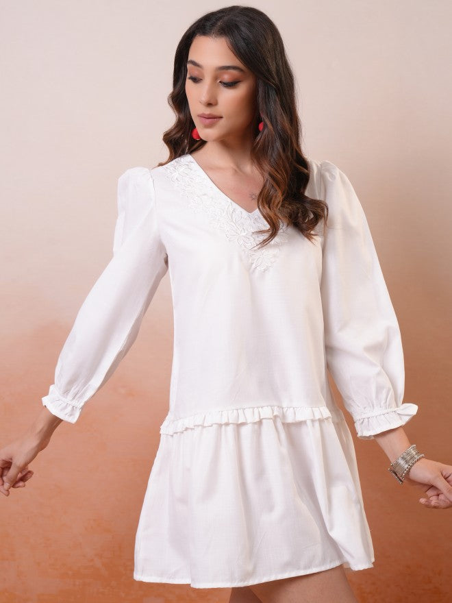 Vishudh Women White Embroidered Fit and Flare Dress - White - Image 6
