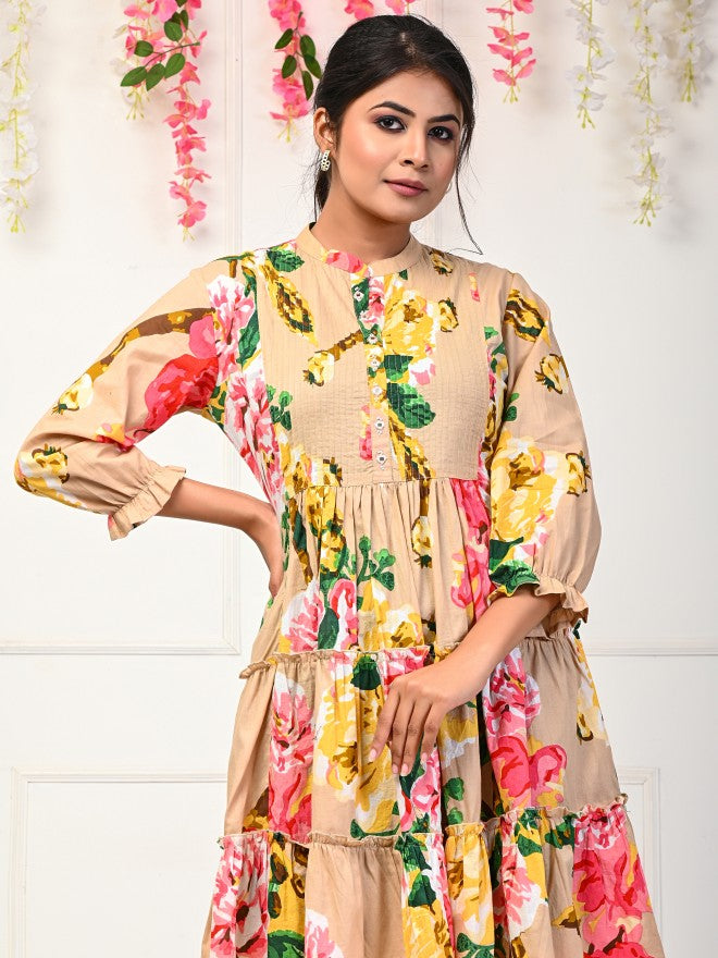 Vishudh Women Nude Printed Fit and Flare Dress - Nude - Image 2
