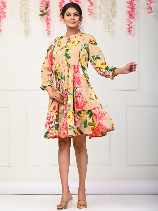 Vishudh Women Nude Printed Fit and Flare Dress - Nude - Image 4