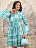 Vishudh Women Green Printed Fit and Flare Dress - Green - Image 1