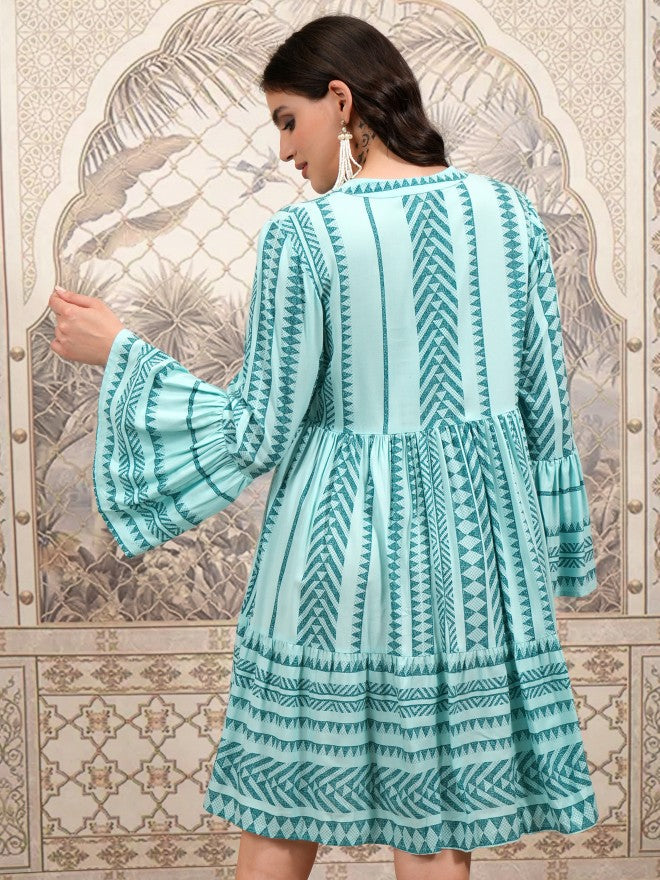 Vishudh Women Green Printed Fit and Flare Dress - Green - Image 3