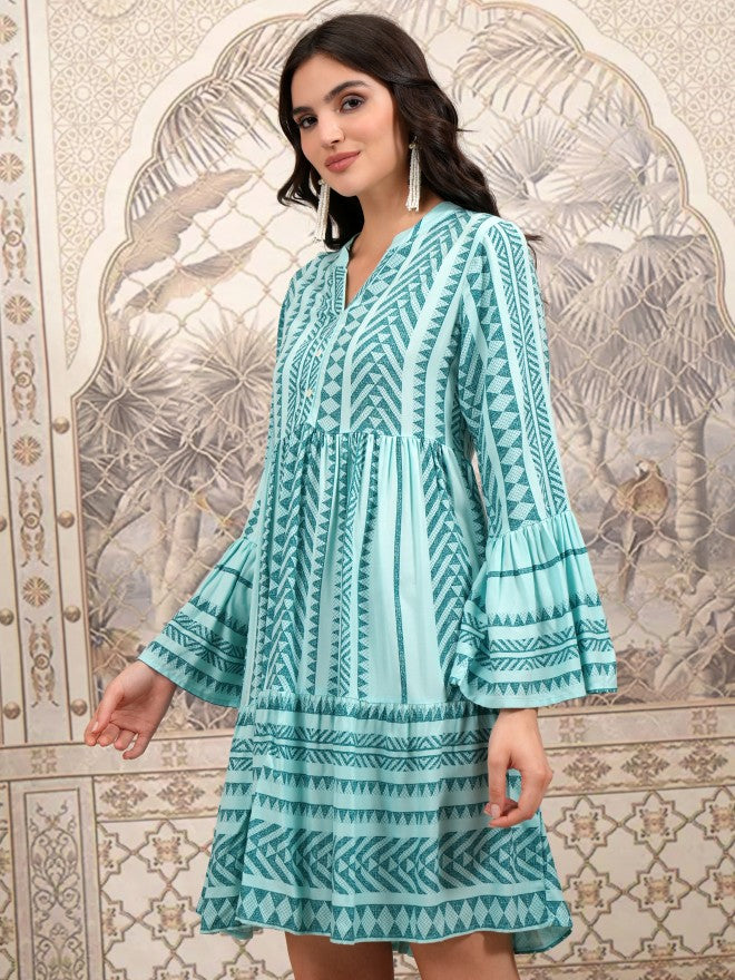 Vishudh Women Green Printed Fit and Flare Dress - Green - Image 4