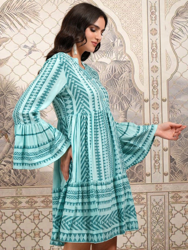 Vishudh Women Green Printed Fit and Flare Dress - Green - Image 6