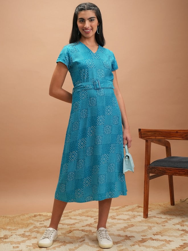 Vishudh Women Blue Printed A-Line Dress - Blue - Image 1