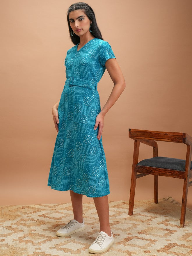 Vishudh Women Blue Printed A-Line Dress - Blue - Image 2