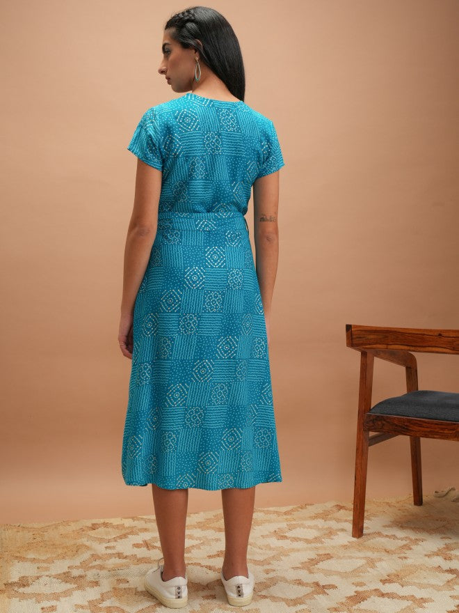 Vishudh Women Blue Printed A-Line Dress - Blue - Image 3