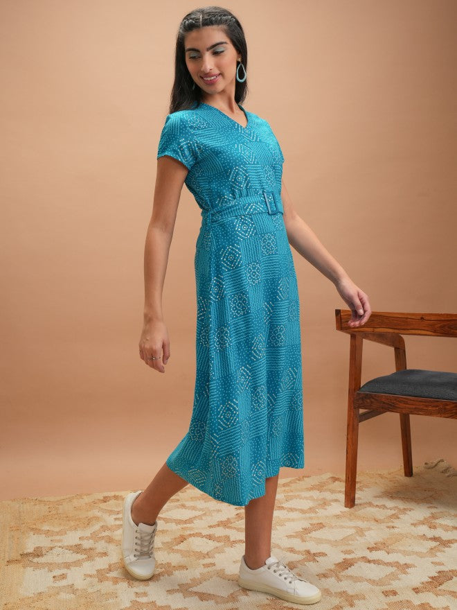 Vishudh Women Blue Printed A-Line Dress - Blue - Image 4