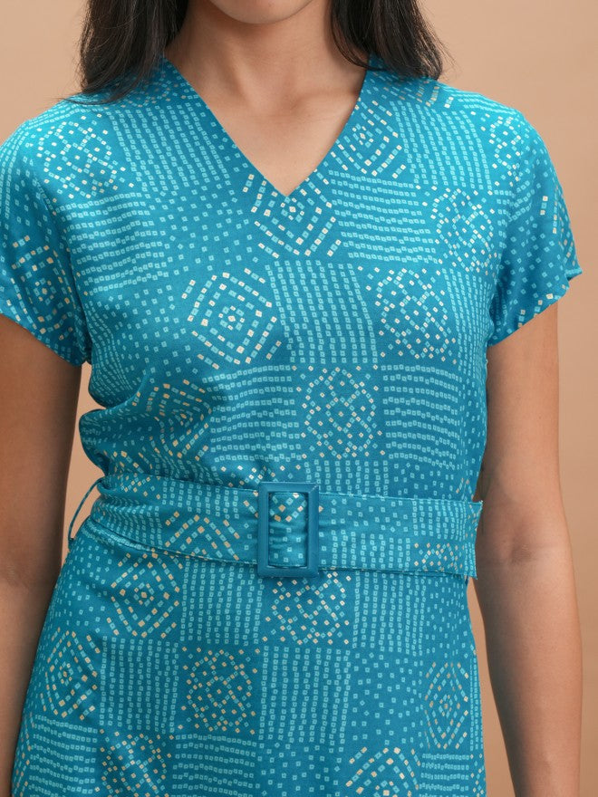 Vishudh Women Blue Printed A-Line Dress - Blue - Image 5
