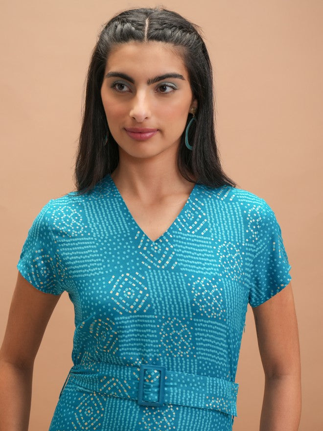 Vishudh Women Blue Printed A-Line Dress - Blue - Image 6