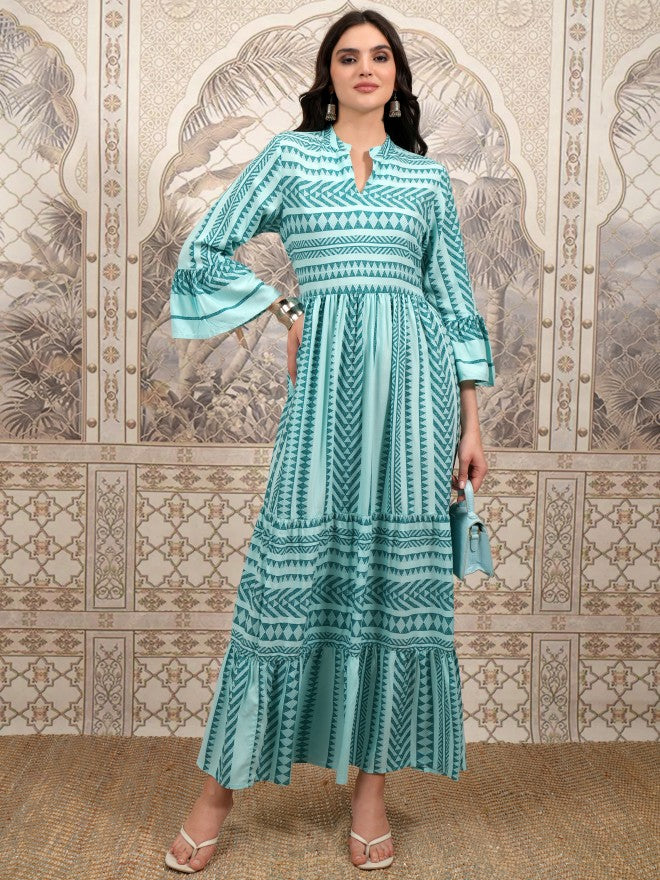 Vishudh Women Green Printed Maxi Dress - Green - Image 1
