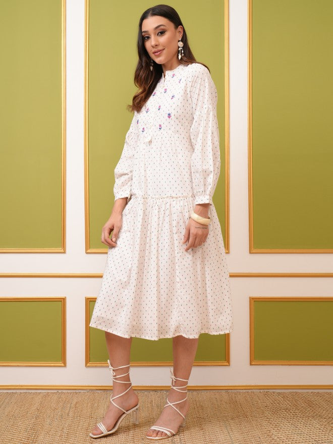 Vishudh Women Off White Printed Fit And Flare Dress - Off White - Image 2