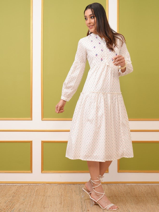 Vishudh Women Off White Printed Fit And Flare Dress - Off White - Image 4