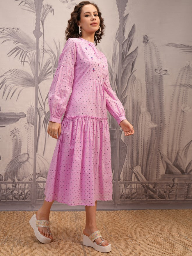 Vishudh Women Pink Printed Fit And Flare Dress - Pink - Image 4