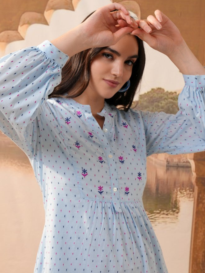 Vishudh Women Blue Embroidered A-Line Dress - Blue - Image 2