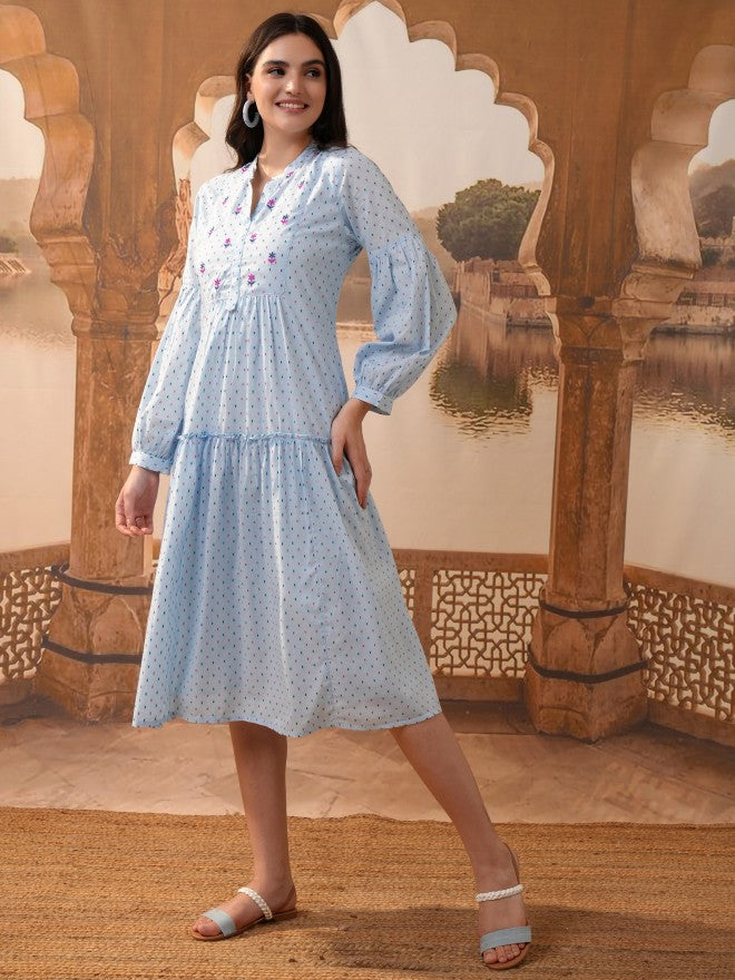 Vishudh Women Blue Embroidered A-Line Dress - Blue - Image 4