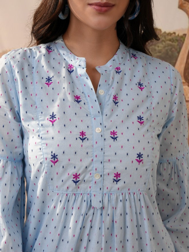 Vishudh Women Blue Embroidered A-Line Dress - Blue - Image 5