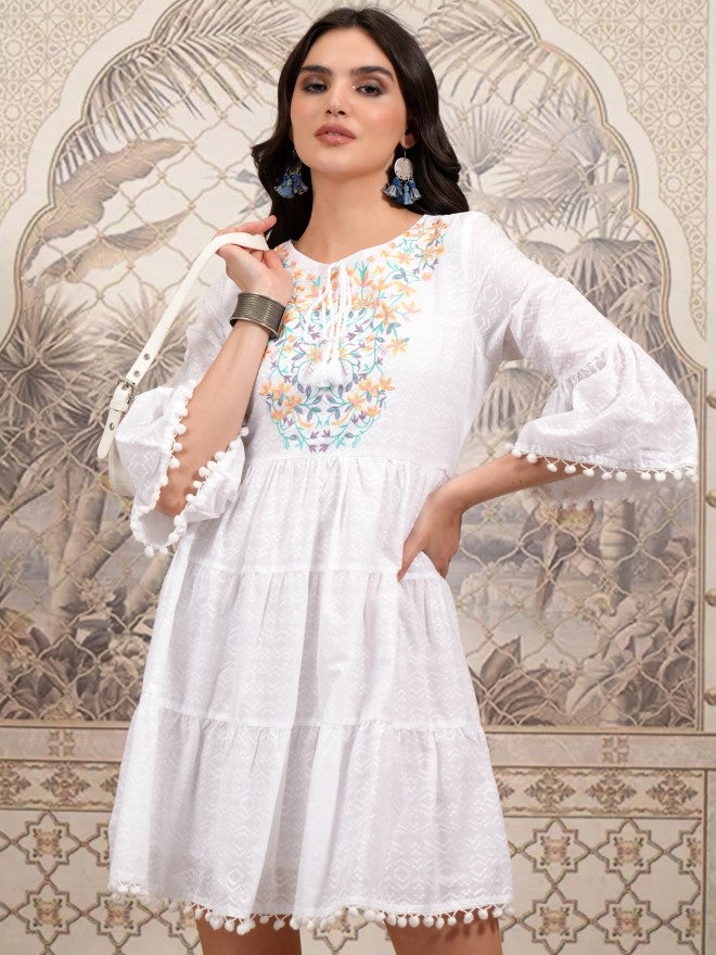 Vishudh Women White Embroidered Fit and Flare Dress - White - Image 1