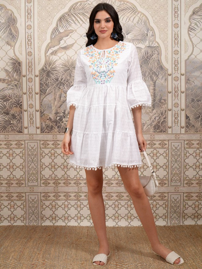 Vishudh Women White Embroidered Fit and Flare Dress - White - Image 2