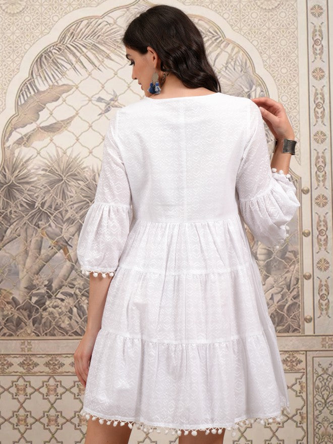 Vishudh Women White Embroidered Fit and Flare Dress - White - Image 3
