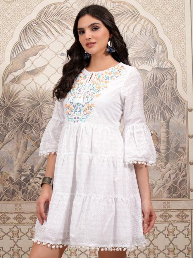 Vishudh Women White Embroidered Fit and Flare Dress - White - Image 4