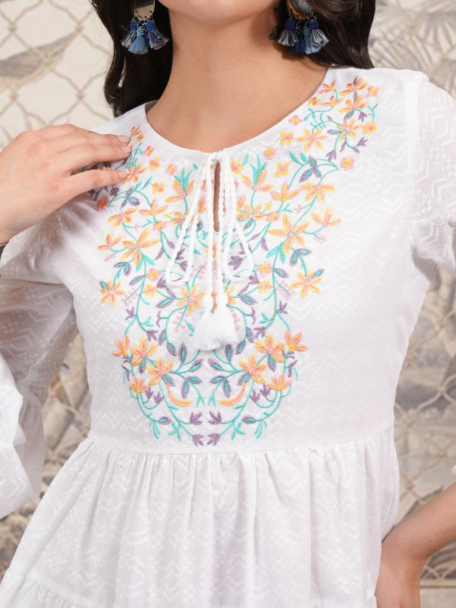 Vishudh Women White Embroidered Fit and Flare Dress - White - Image 5