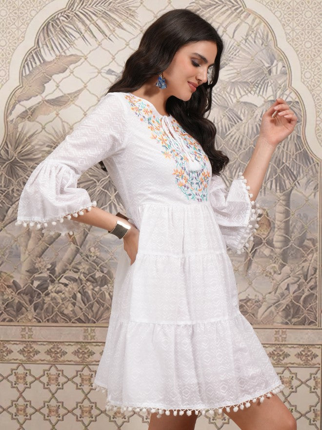 Vishudh Women White Embroidered Fit and Flare Dress - White - Image 6