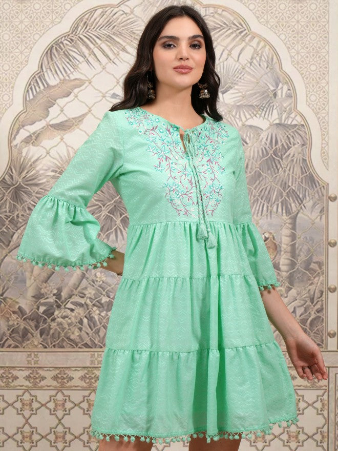 Vishudh Women Green Embroidered Fit and Flare Dress - Green - Image 1