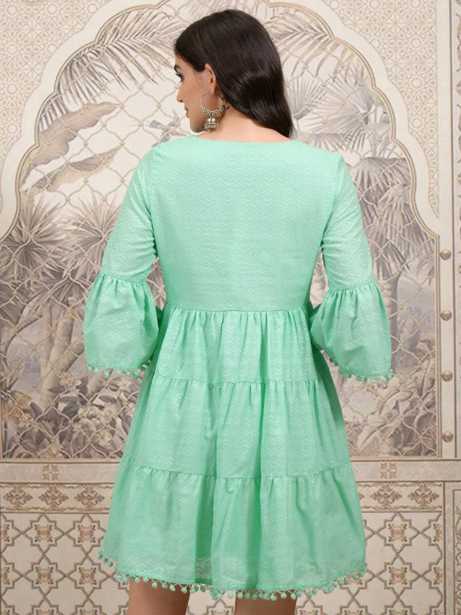 Vishudh Women Green Embroidered Fit and Flare Dress - Green - Image 3