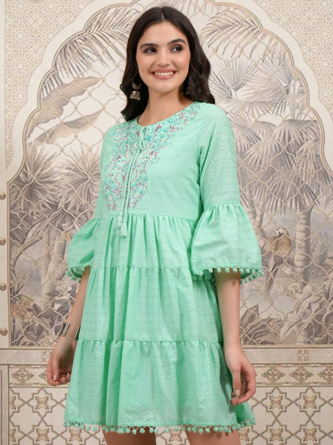 Vishudh Women Green Embroidered Fit and Flare Dress - Green - Image 4