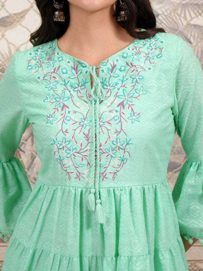 Vishudh Women Green Embroidered Fit and Flare Dress - Green - Image 5