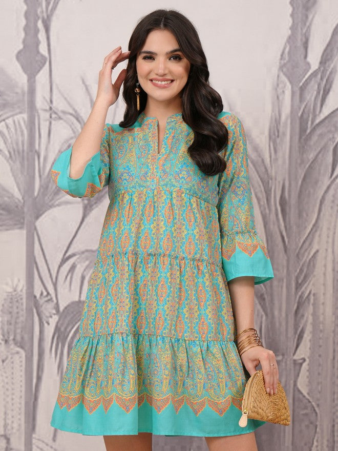 Vishudh Women Blue Printed A-Line Dress - Blue - Image 1