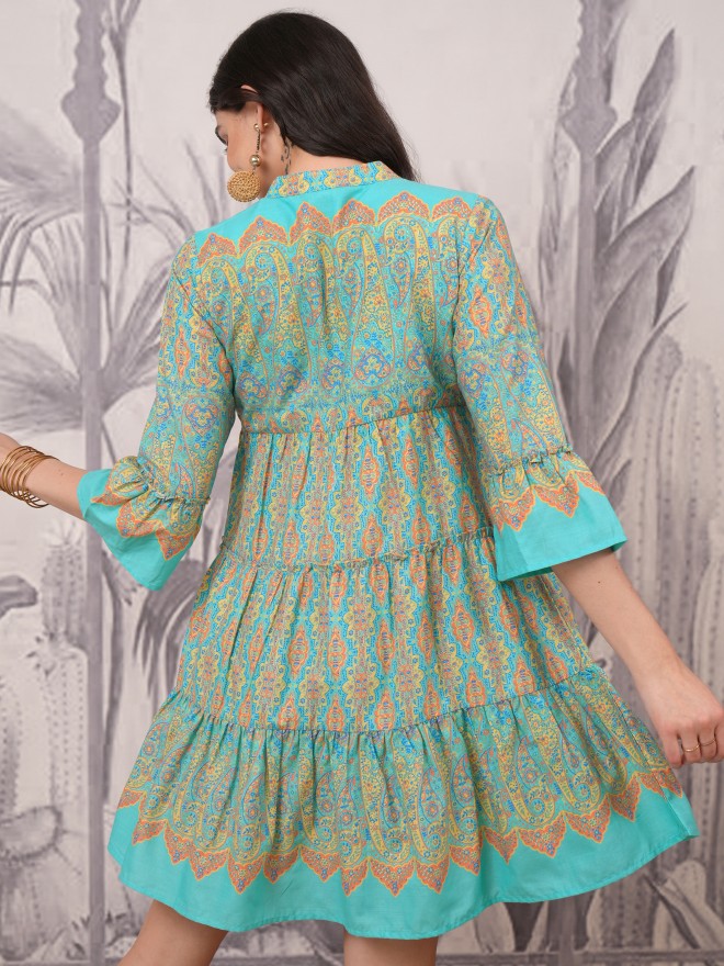 Vishudh Women Blue Printed A-Line Dress - Blue - Image 3
