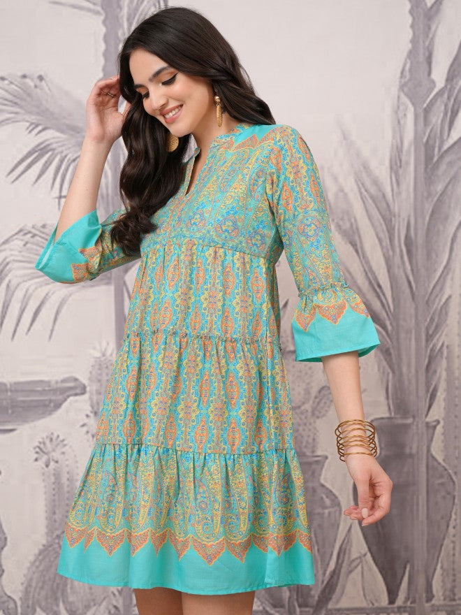 Vishudh Women Blue Printed A-Line Dress - Blue - Image 4