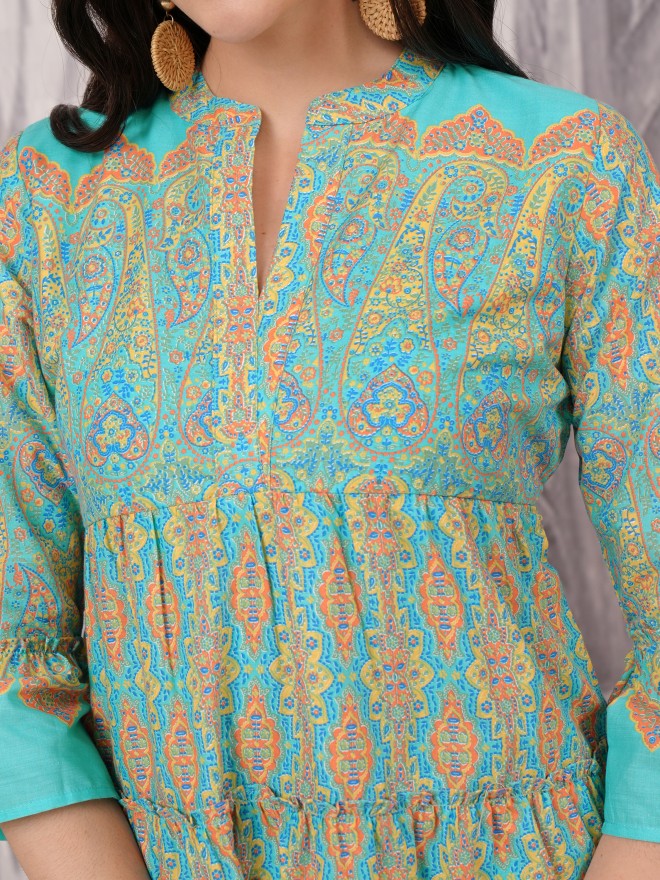 Vishudh Women Blue Printed A-Line Dress - Blue - Image 5