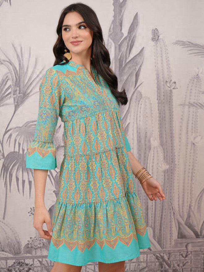 Vishudh Women Blue Printed A-Line Dress - Blue - Image 6
