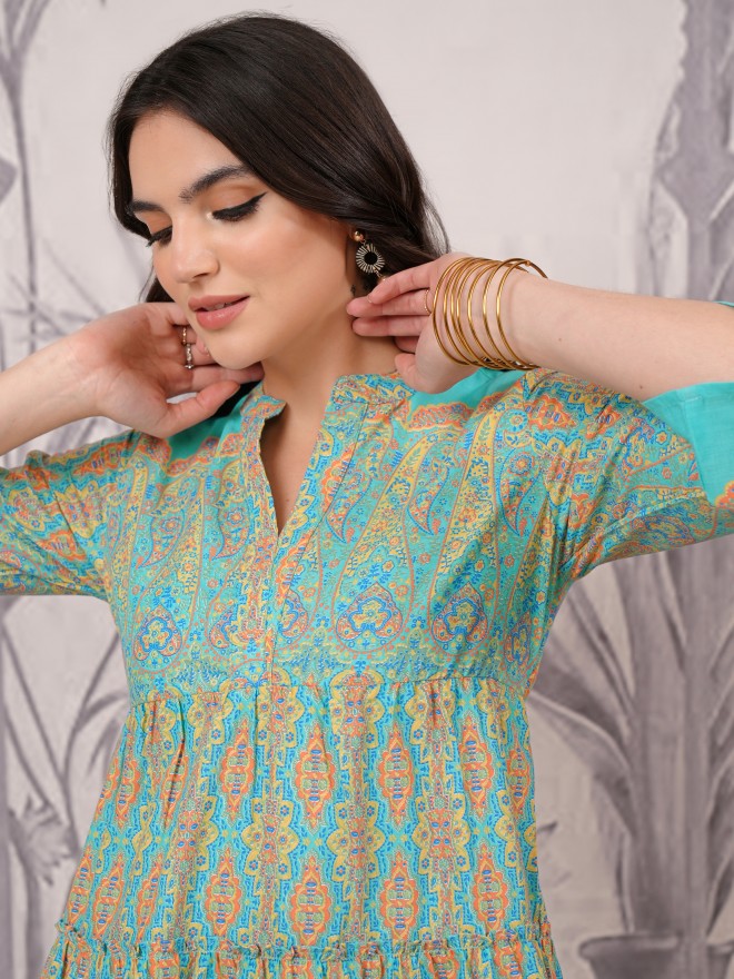 Vishudh Women Blue Printed A-Line Dress - Blue - Image 7