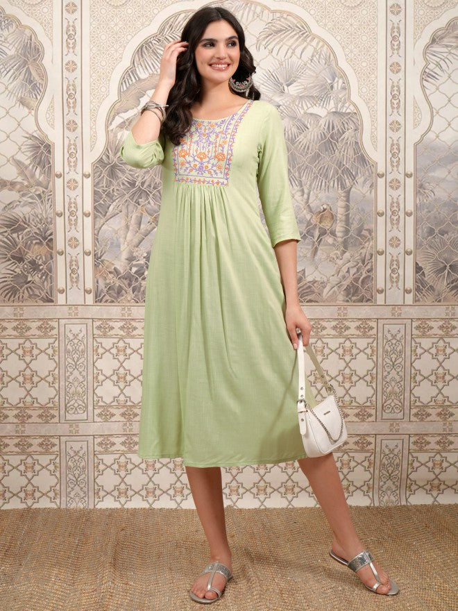 Vishudh Women Green Embroidered A-Line Dress - Green - Image 1