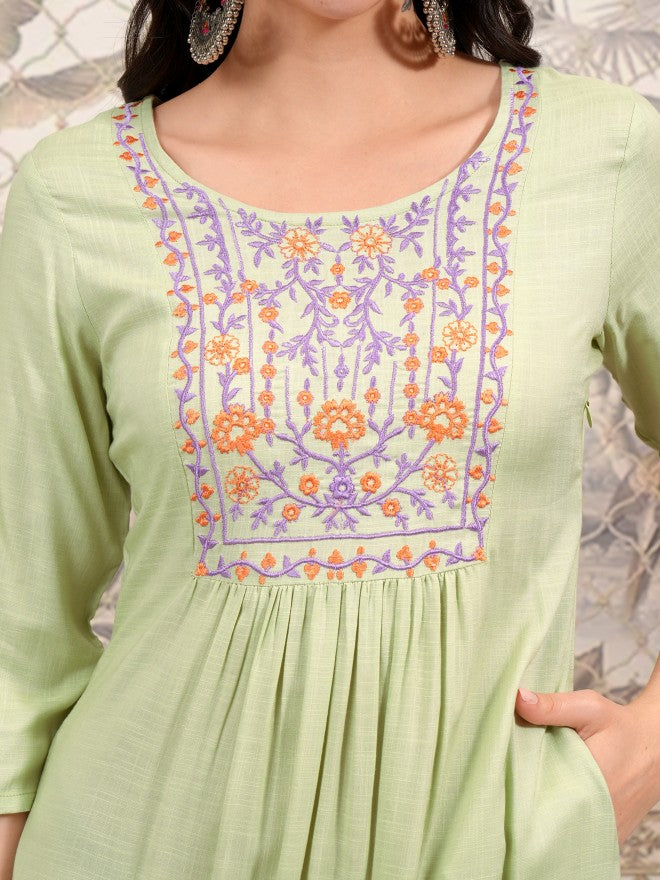 Vishudh Women Green Embroidered A-Line Dress - Green - Image 5