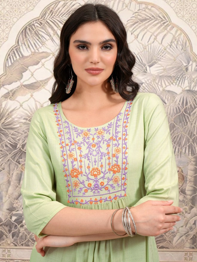 Vishudh Women Green Embroidered A-Line Dress - Green - Image 6