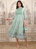 Vishudh Women Olive Printed A-Line Dress - Olive - Image 1
