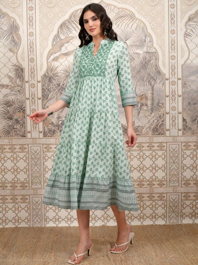 Vishudh Women Olive Printed A-Line Dress - Olive - Image 2