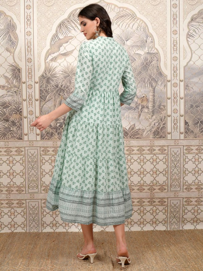Vishudh Women Olive Printed A-Line Dress - Olive - Image 3