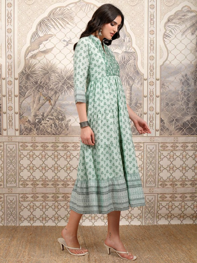 Vishudh Women Olive Printed A-Line Dress - Olive - Image 4