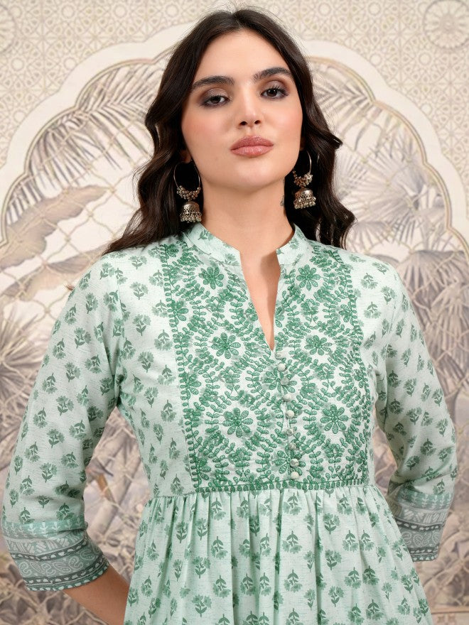 Vishudh Women Olive Printed A-Line Dress - Olive - Image 6
